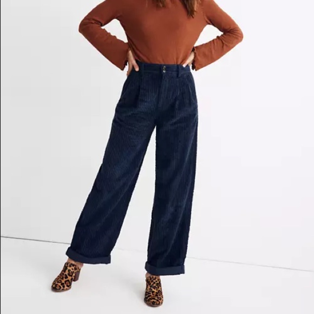 Pleated Wide-Leg Full-Length Pants in Corduroy